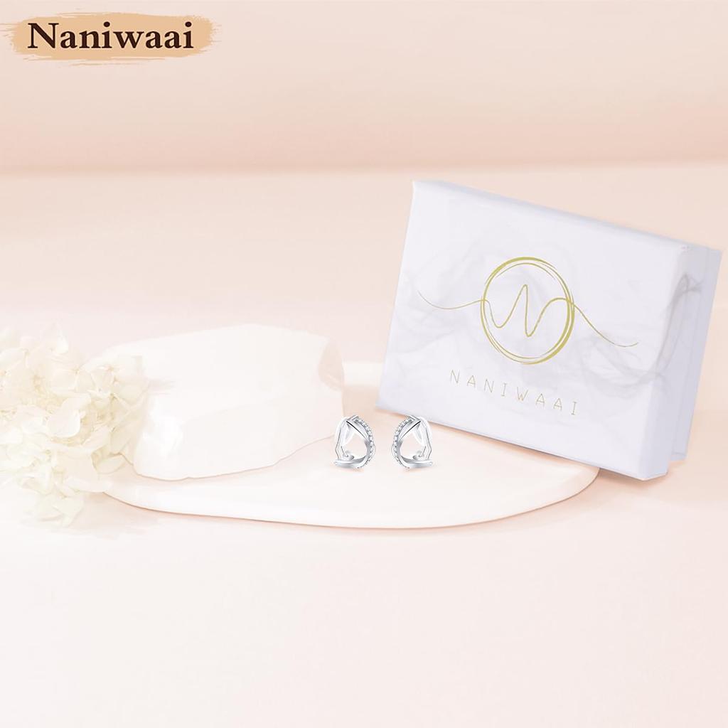 Naniwaai Earrings for High Quality Painless 925 18K Platinum for White Day Women, Popular, Zirconia, Earrings, Silver, Twisted, Hypoallergenic, Gold,