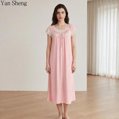 Milk Silk Nightgown Short-sleeved Women's Pajamas Spring and Summer Lace Collar Nightgown Long Home Clothes