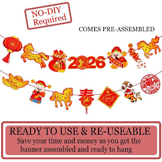 2pcs Chinese New Year Banners 2026 Year of Horse Party Banner Decorations for Lunar New Year Party Decorations Spring Festival Party Supplies