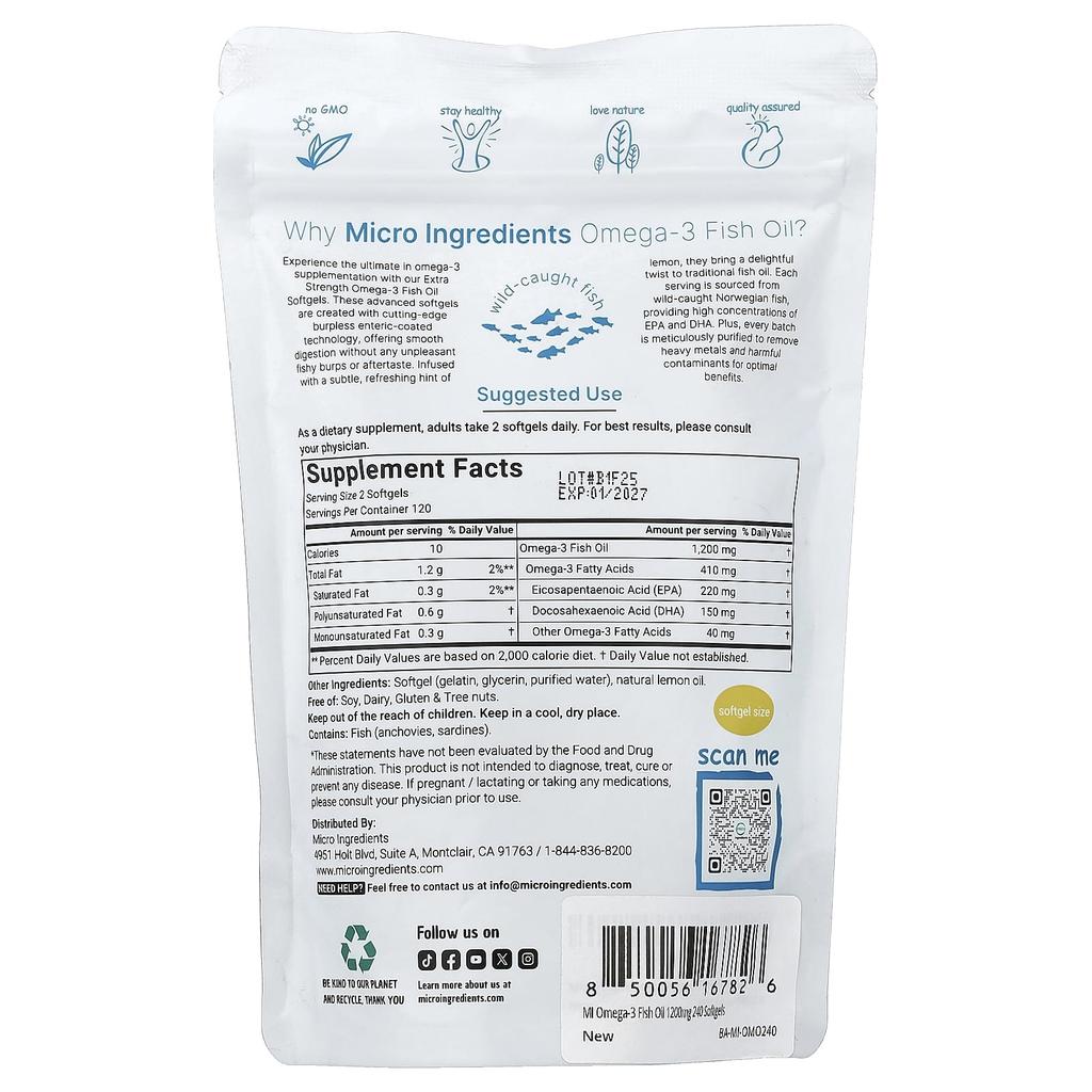Micro Ingredients Omega-3 Fish Oil, Lemon, 240 Softgels (600mg Per Softgel)