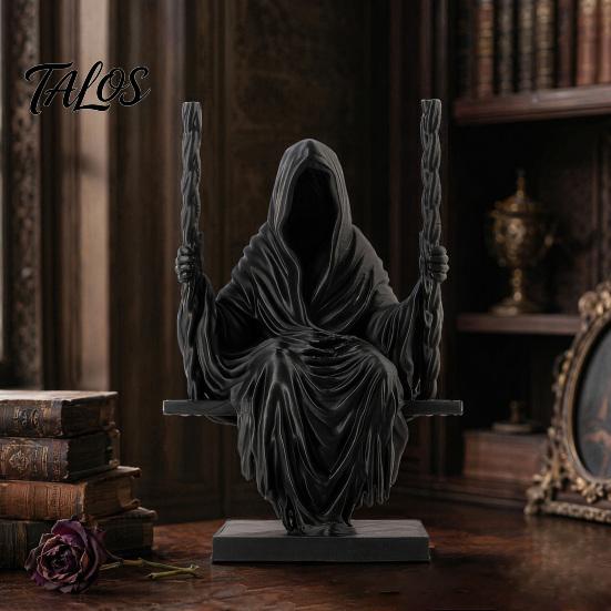 Talos 3D Printed Sitting Reaper Statue, Faceless Man In Black Robe On Swing Figurine, Gothic Cloak Sculpture Ornament, Dark Style Figurine Decoration