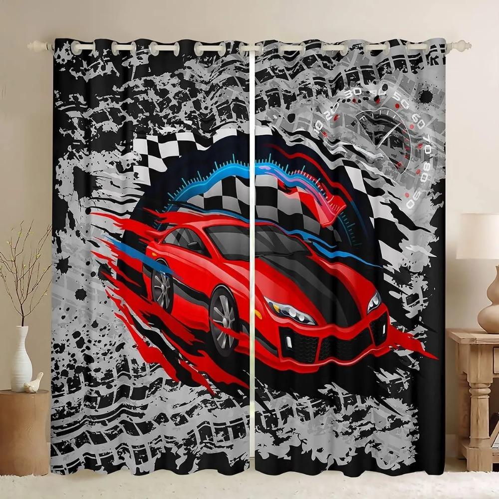 2Panel Racing Car Flag Print Curtains for Bedroom Living Room Floor-to-ceiling Window Kitchen Blinds Grommet Top Cortinas Drape