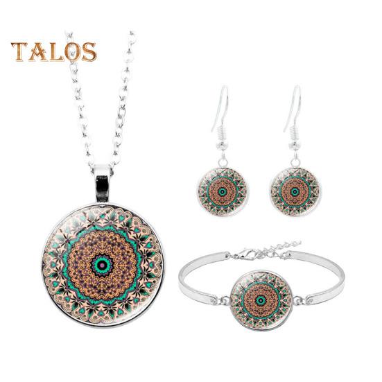 1 Set Women Jewelry Set Flower Print Glass Pendant Vintage Ethnic Style Prom Party Earrings Necklace Bracelet Combo Ideal Christmas Gift