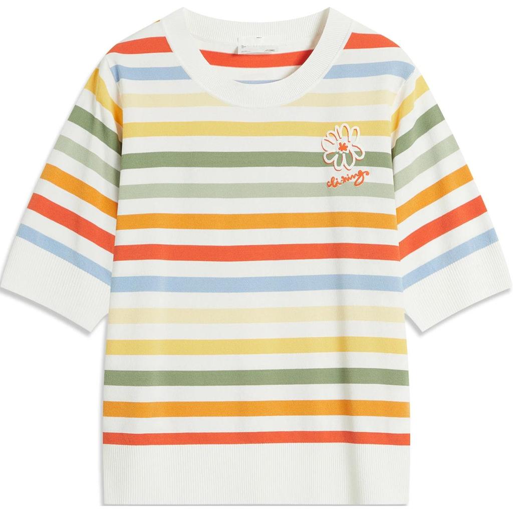 Li-Ning Striped Round Neck Comfortable Breathable Short Sleeve T-Shirt Women Tops Yellow AMBU144-3