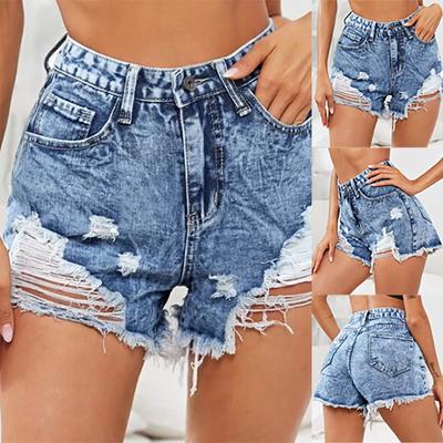 Lässige, schlankmachende Jeans-Shorts für Damen mit hoher Taille und verwaschenen Löchern