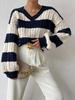 Autumn Winter V-neck Retro Color Block Stripe Knit Sweater for Women