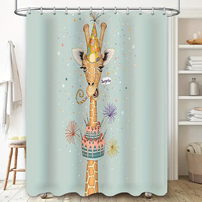 Cute Animal Birthday Party Shower Curtain Giraffe Happy Birthday Backdrop Festive Bathroom Decor Washable Waterproof Home Decor