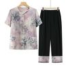 Summer Suit Set for Women: Short-Sleeved Ice Silk Shirt for Middle-Aged & Elderly Ladies