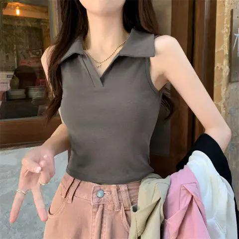 Pure desire style Spice girl polo collar vest women's summer design sense niche Hong Kong flavor inner with short sleeveless top shirt