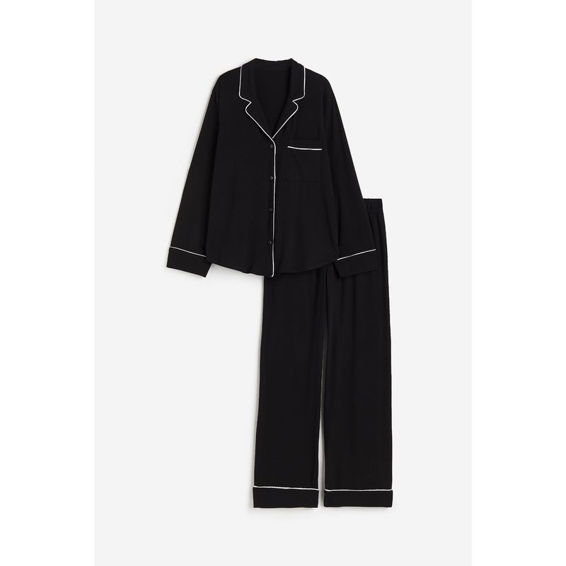 

HM Женский домашний костюм пижама Осень Рубашка с воротником Длинный рукав Пижама Брюки пижамные прямого кроя 0998802 Black 170/116