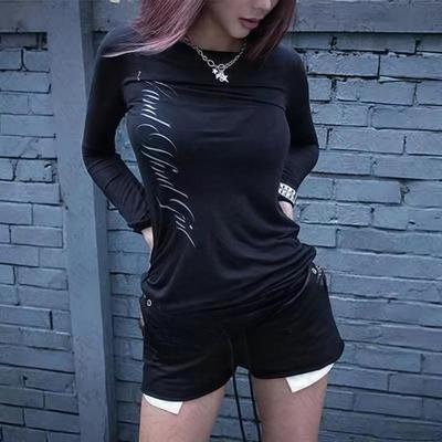 2KWEIRD Gothic Harajuku Vintage Punk Emo Girls Long Sleeve Tee Sexy Slim Chic Printing Crop Tops Grunge Y2K Aesthetic Women's Streetwear