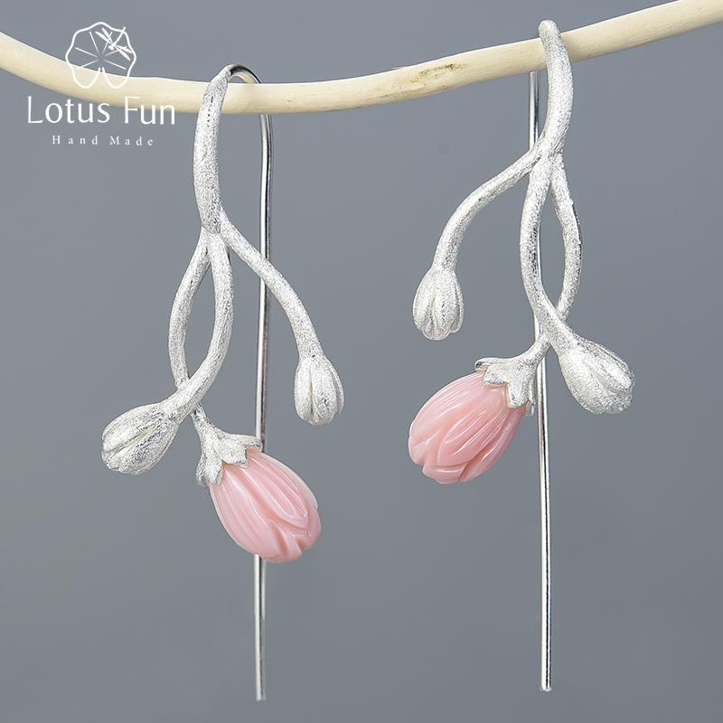 

Серьги-подвески Lotus Fun из 18-каратного золота с цветком жасмина и бутоном из натуральной ракушки, настоящее серебро 925 пробы, дизайнерские ювелирные украшения для женщин