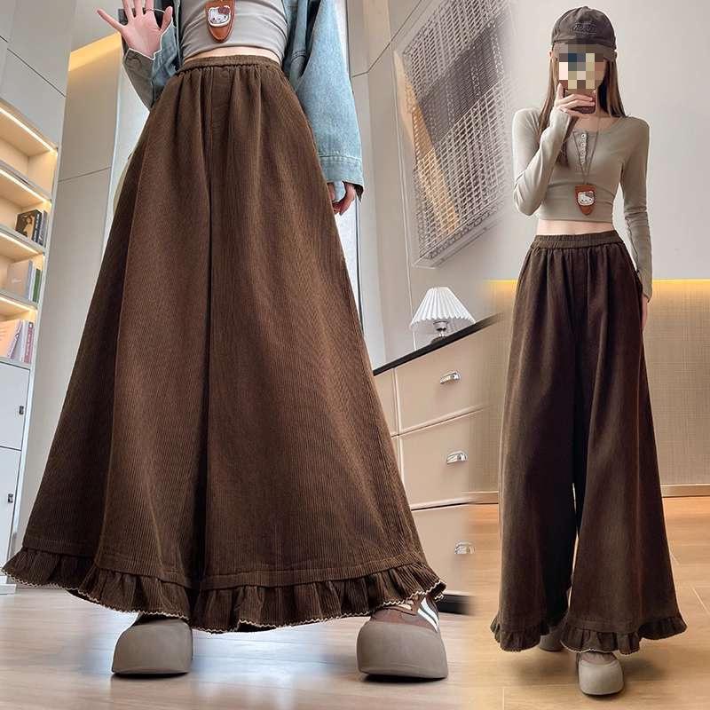

Women s Corduroy Coffee Pants: Elastic Waist, Ruffled, Striped, Velvet Chenille, Wide-Leg, Autumn/Winter Casual Wear L