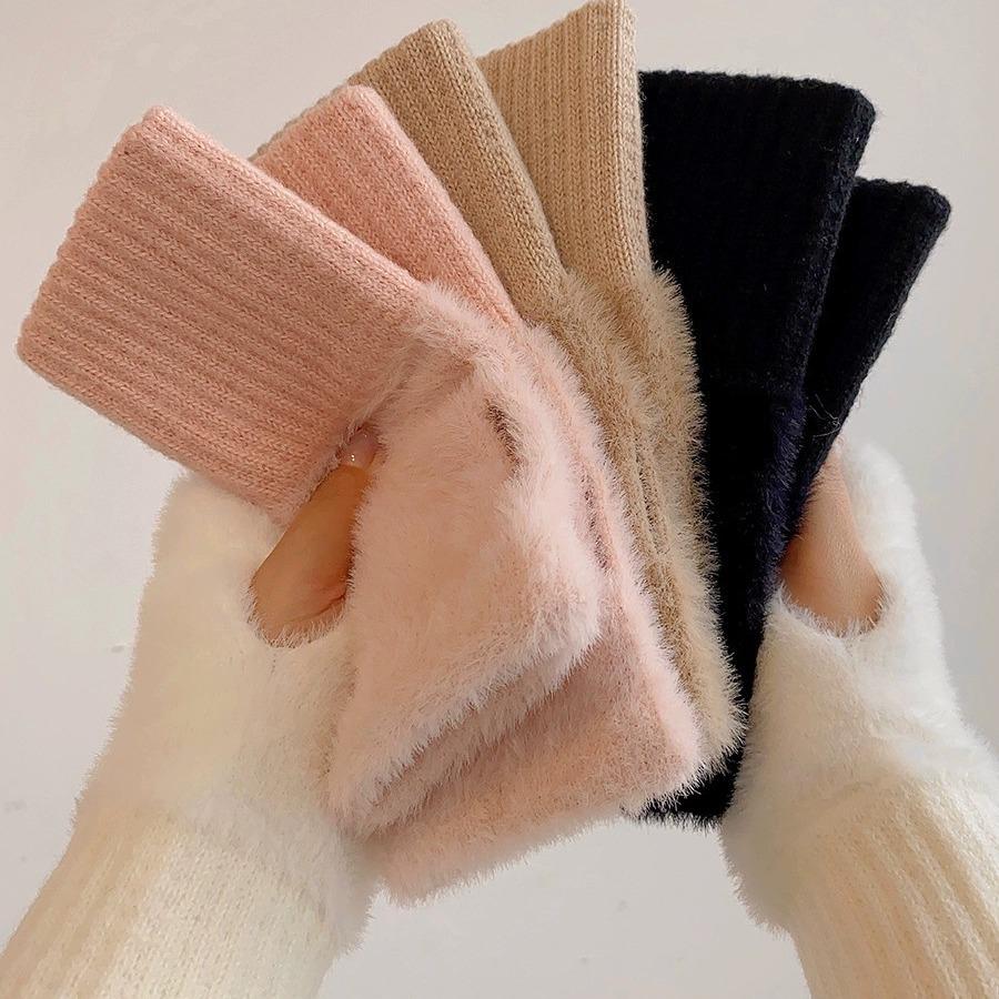 Women's Fluffy White Faux Fur Fingerless Gloves - Winter Warm, Fleece Lined, Long Sleeves