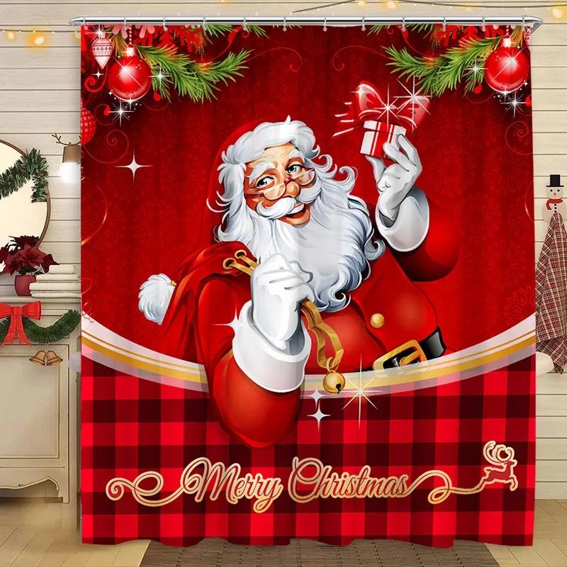 Christmas Shower Curtain Santa Claus Christmas Tree Cat Dog Winter Snowy Snowflake Home Polyester Fabric Bathroom Decor Curtai