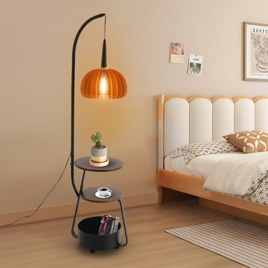 Vintage Industrial Floor Lamp, Modern Standing Light with 2 Trays & 1 Storage Bin, 110V for Living Room, Reading Corner Lamp
