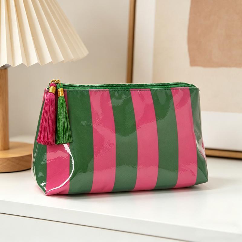 Pvc Striped Cosmetic Bag Makeup Bag With Fringe And Zipper Waterproof Travel Toiletry Bag Makeup Brush Case
