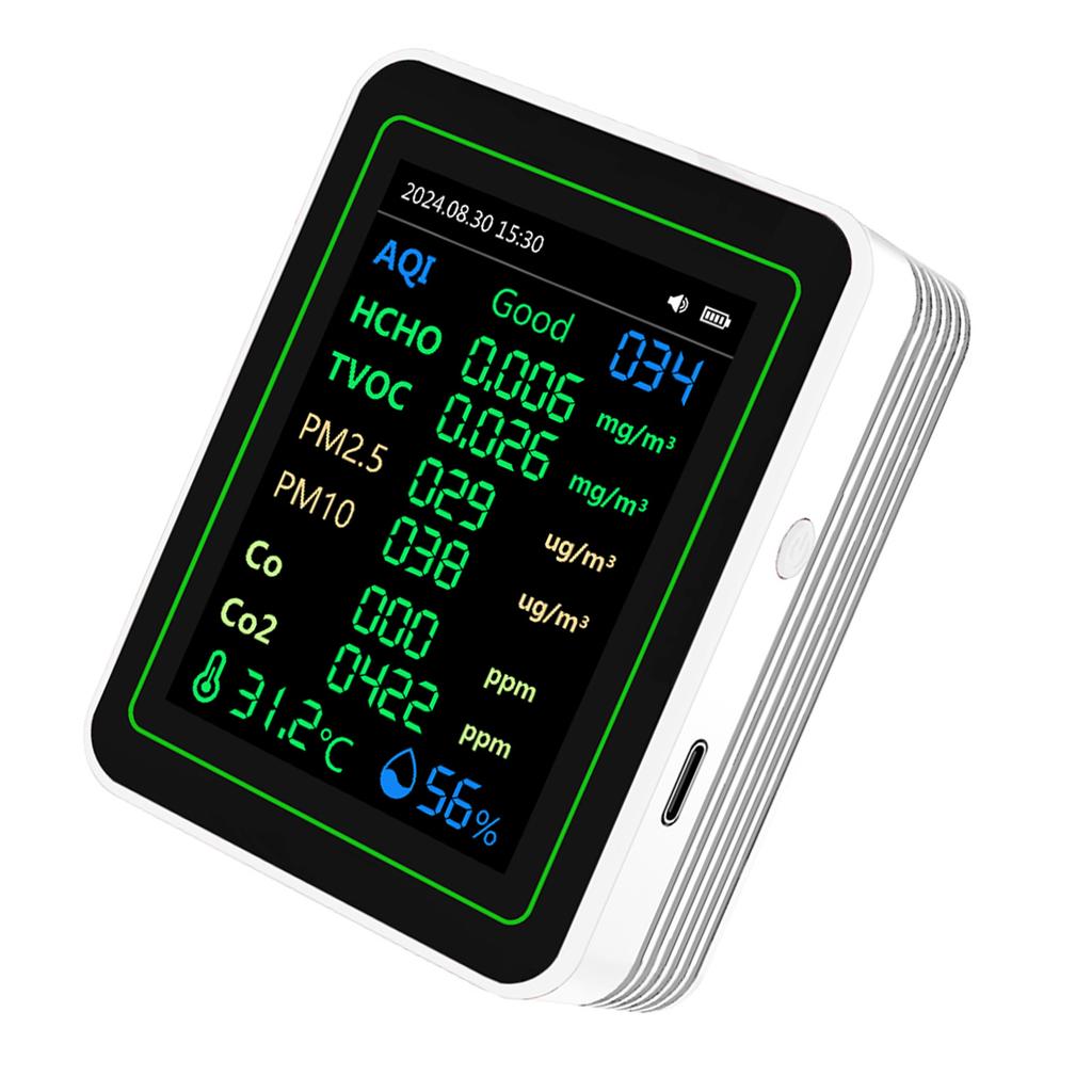 Air Quality Tester CO2 HCHO TVOC PM2.5 PM10 Temperature Humidity Sensor TFT Screen Air Quality Detector White