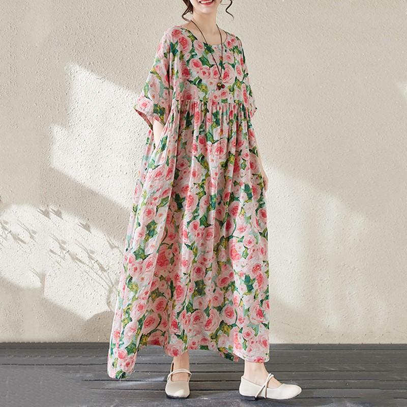 Κοντό μανίκι Plus μέγεθος Βαμβακερό Vintage Floral Νέο σε Φορέματα για Γυναικεία Casual Loose Long Summer