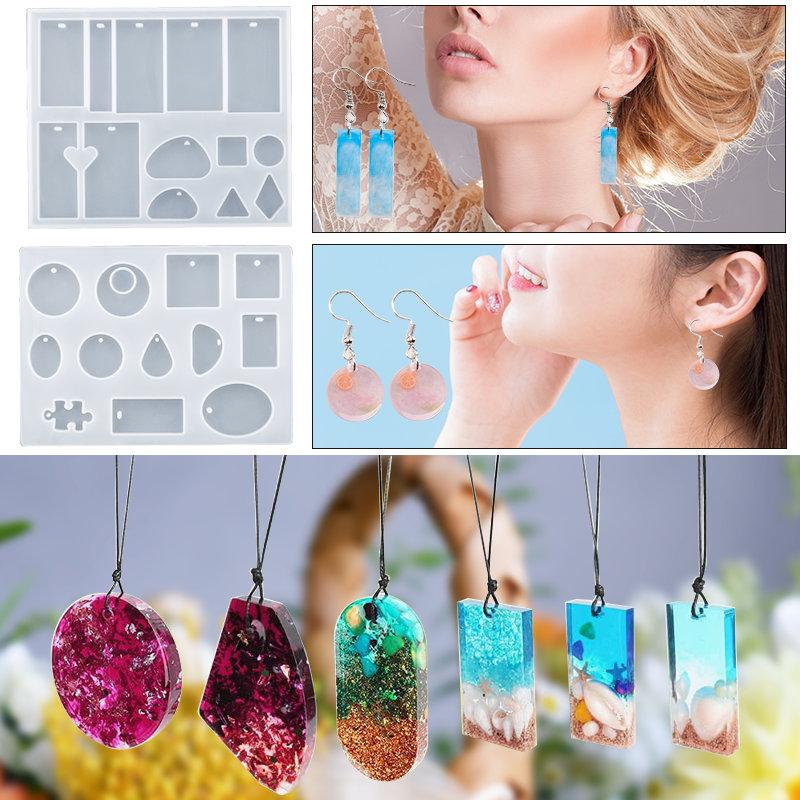 Silicone Mold For Epoxy Resin Set Jewelry Casting Mould Kit with Hand Drill,Glitter Sequins,Tools for Pendant Earring Making DIY