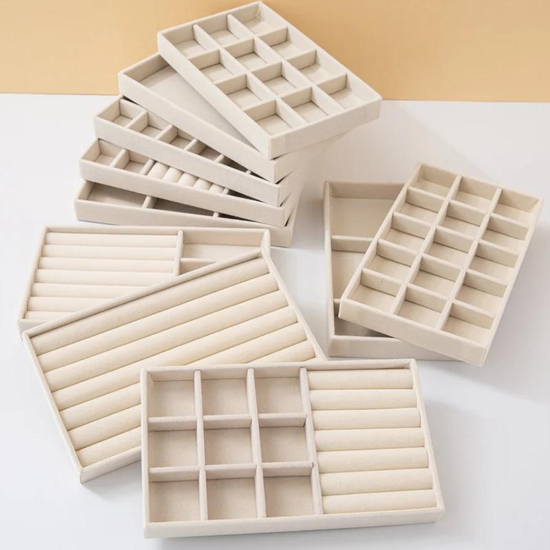 Simple Beige Grey Square Velvet Jewelry Storage Tray Display Ring Bracelet Necklace Storage Box Showcase Drawer Organizer Trays