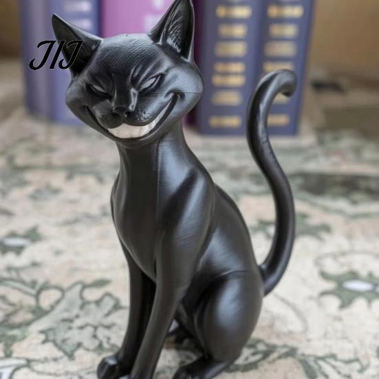Kleine Katzen-Bastelarbeiten für Regale 3D-gedruckte grinsende schwarze Statue, sitzende Figur, dunkle Figurenstil-Skulptur, Halloween-Dekoration für Zuhause, Tisch