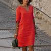 Damen Fünf-Ärmel V-Ausschnitt Retro Einfarbig Baumwolle Leinen Kleid