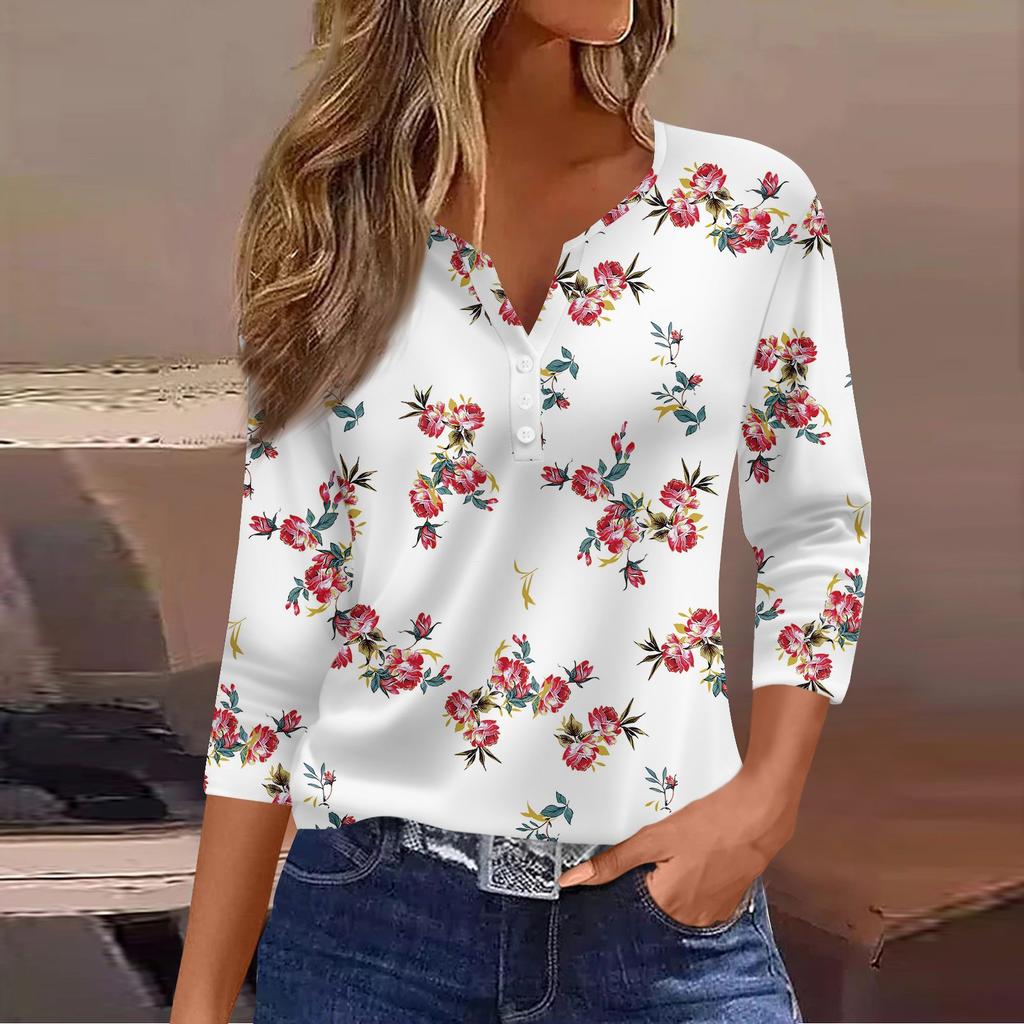 Ladies Casual Fashion V-neck Loose Versatile Floral Print Three-quarter Sleeve Top