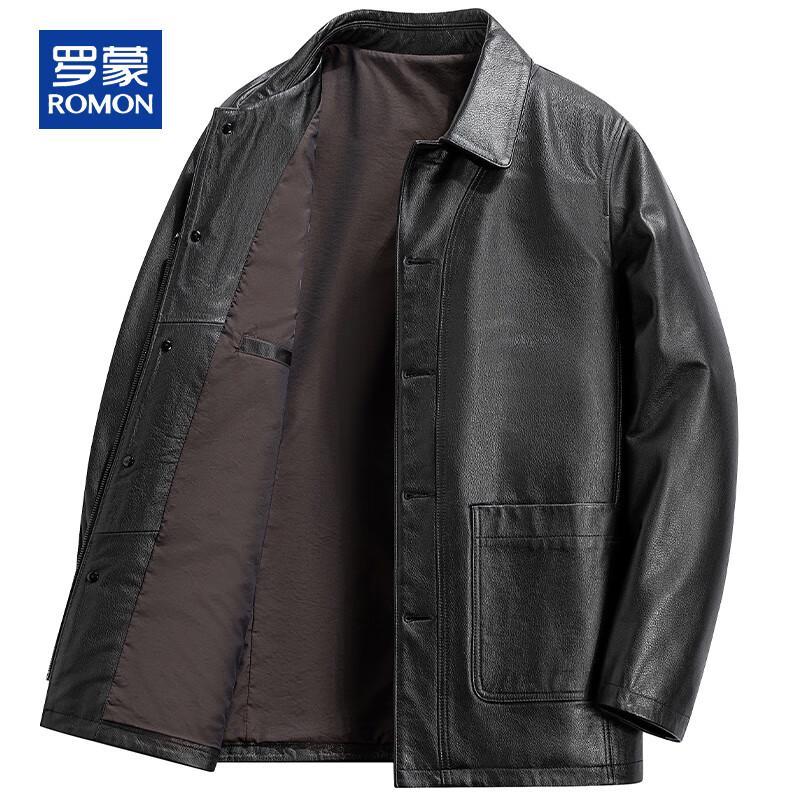ROMON Men's Mid-Length Loose Fit Genuine Leather Jacket