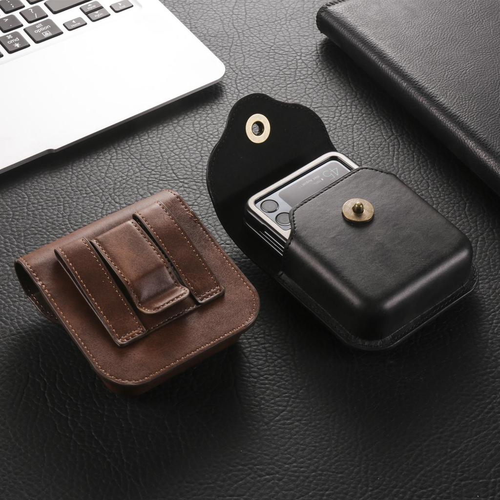 Luxury Leather Belt Clip Phone Case Men Waist Bag Cover For Samsung Z Flip6 Flip5 Moto Razr Oppo Vivo Tecno Honor Galaxy Flip 6 5 4 3 5G Holster Pouch