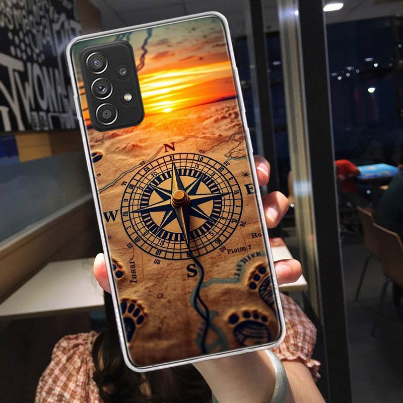 Compass Map Voyage Phone Case for Samsung A54 A57 A37 A17 A14 A15 A12 A24 A34 A55 A35 A25 A52S A07 A05S A04S A22 A32 A72 Galaxy