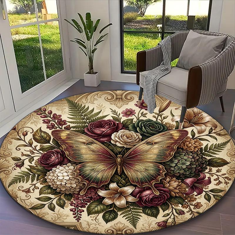1pc General-purpose Rug, Blush Pink Butterfly Rose Printed Round Rug, Comfortable Office Chair Carpet, Home Entrance Floor Mat