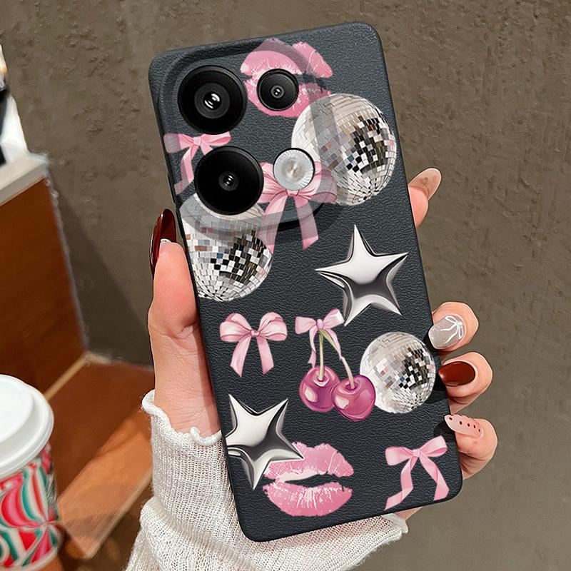 Cherry Bowknots Lips Disco Ball Pattern Case Xiaomi 14T 13T 11T Pro Leather Texture Silicone Cover Funda For Redmi Note 14 13 Pro 4G 5G 12 11