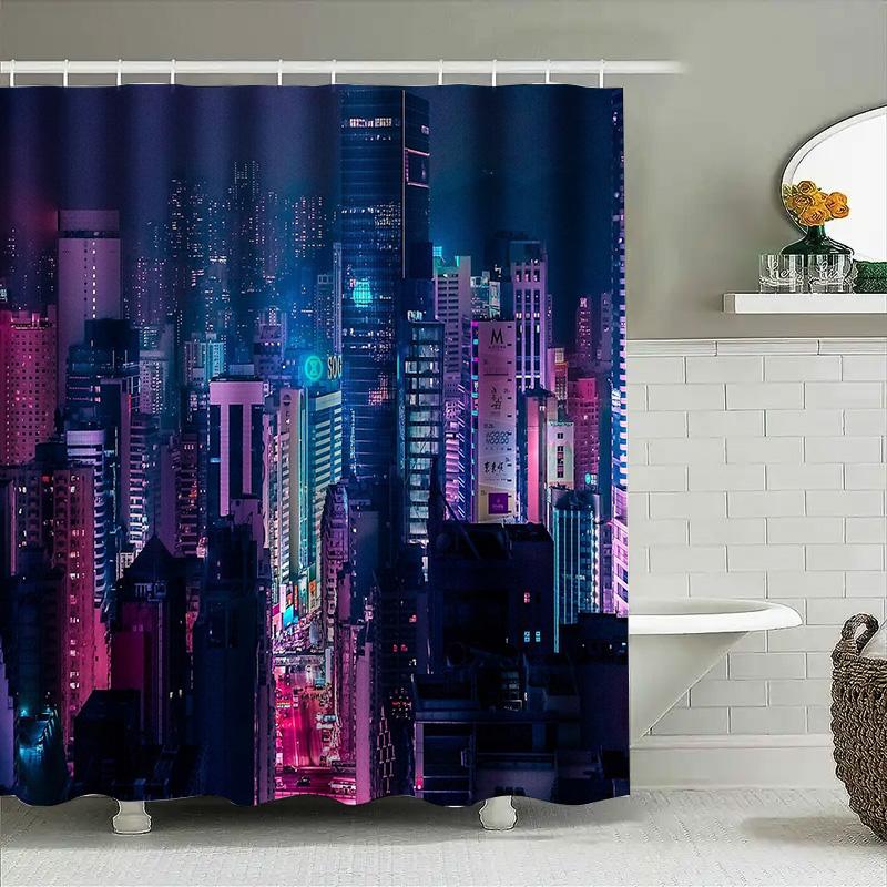 Neon Cityscape Shower Curtain Modern Abstract Wall Art Vaporwave Aesthetic Home Decor Urban Nightscape Backdrop Photography