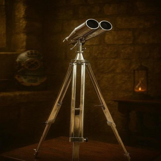 Style Nautical Binoculars  Victorian Brass Tripod, 1920s Chrome Finish