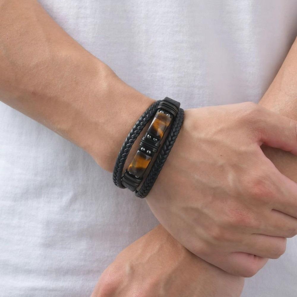 Adjustabl Leather Bracelet Multi-Layer Beaded Bracelet Tiger Eye Stone Bracelet  Women