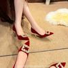 Retro Style Pearl Square Buckle High Heels Bridal Shoes Pointed Toe Stiletto Heel Toast Red Single Shoes