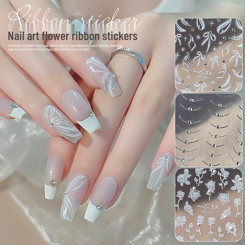 

3D Pearl & Diamond Embossed Nail Stickers with Gentle Roses