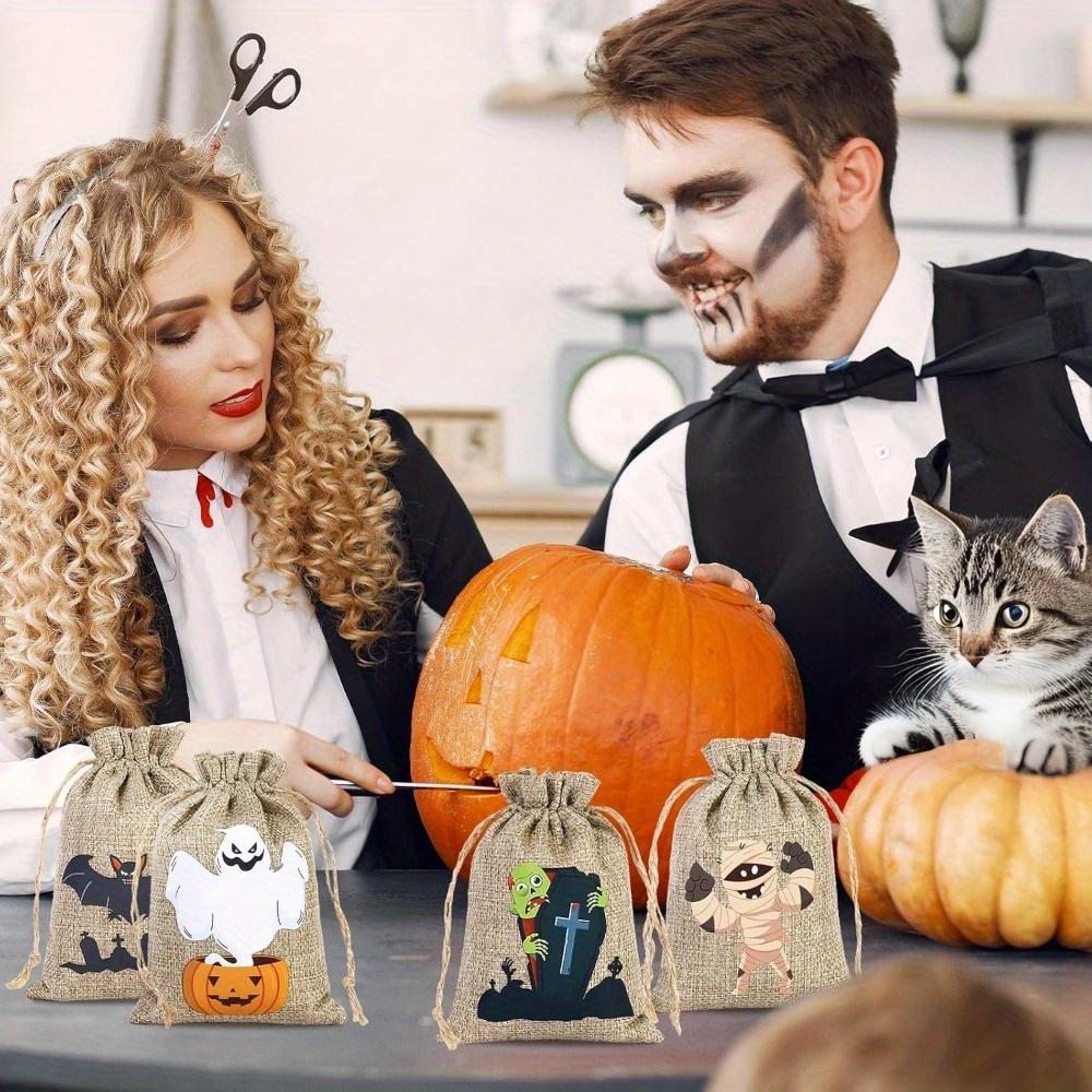16pcs Halloween Party Drawstring Bags Packs Halloween Linen Burlap Bags with Drawstring 8 Spooky Designs for DIY Party Favors Small Gift Pouches