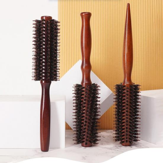 Boar Bristle Round Hair Brush Ergonomic Wooden Handle Men Women Hair Straightening Curling Volumizing Detangling Styling Comb