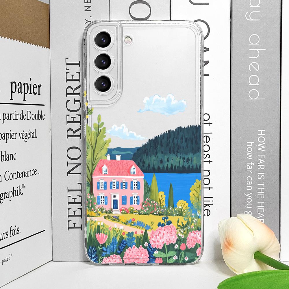 Pink House Holiday Home Grange Scenery Phone Case for Samsung Galaxy A14 A56 A55 A54 A36 A53 A51 A13 A15 A25 A52 5G Soft Covers