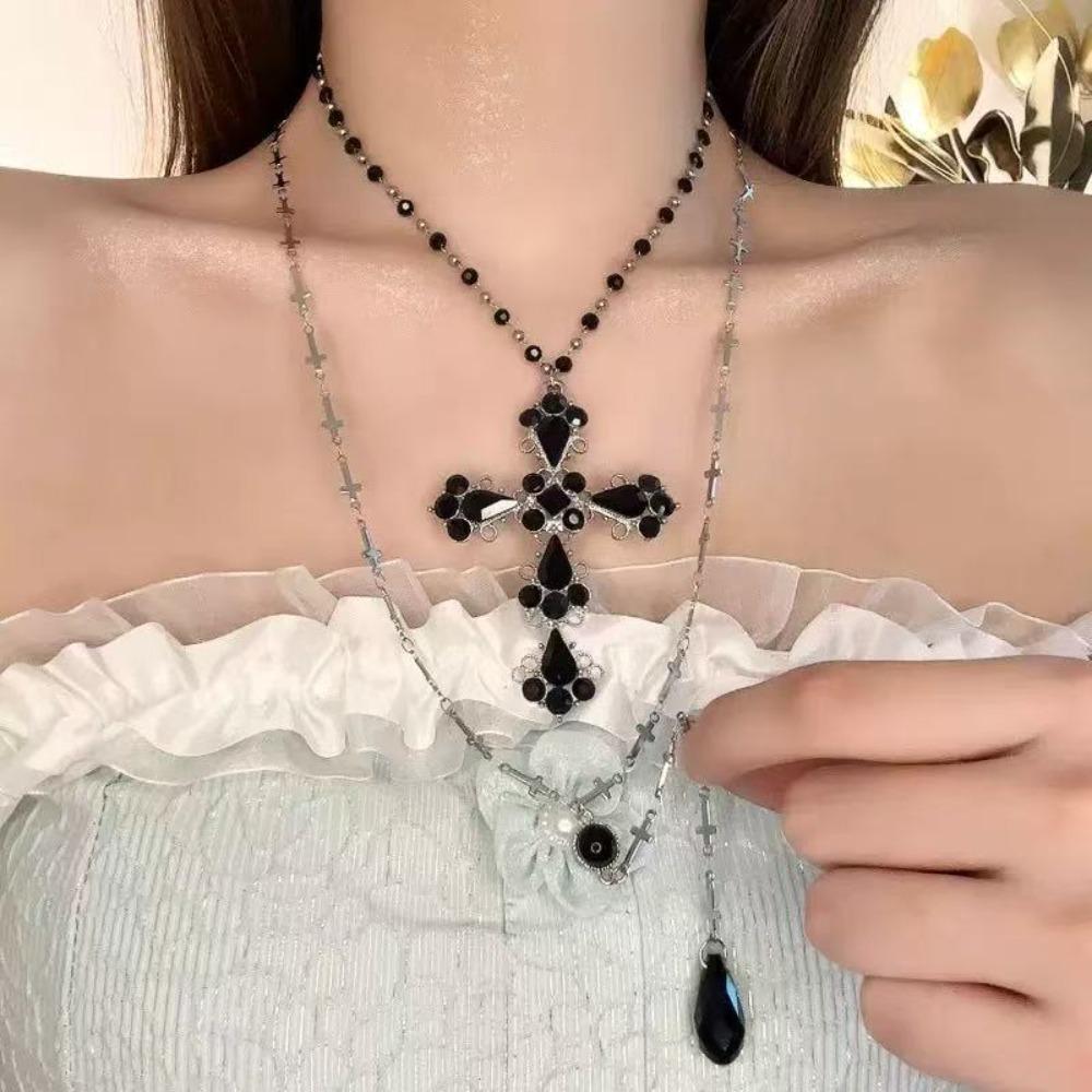 Dark Night Thorns Cross Stars Multi-layer Choker Necklace Spice Girl Black Leather Necklace