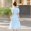 Summer new design sense elegant temperament round neck wooden ear edge fresh waist dress women