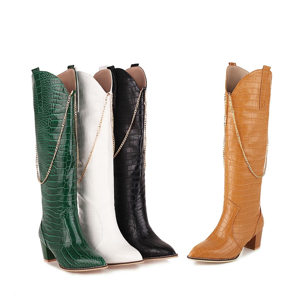 Women's high-heeled boots sexy European and American style crocodile pattern thick heel pointed large size medium boots