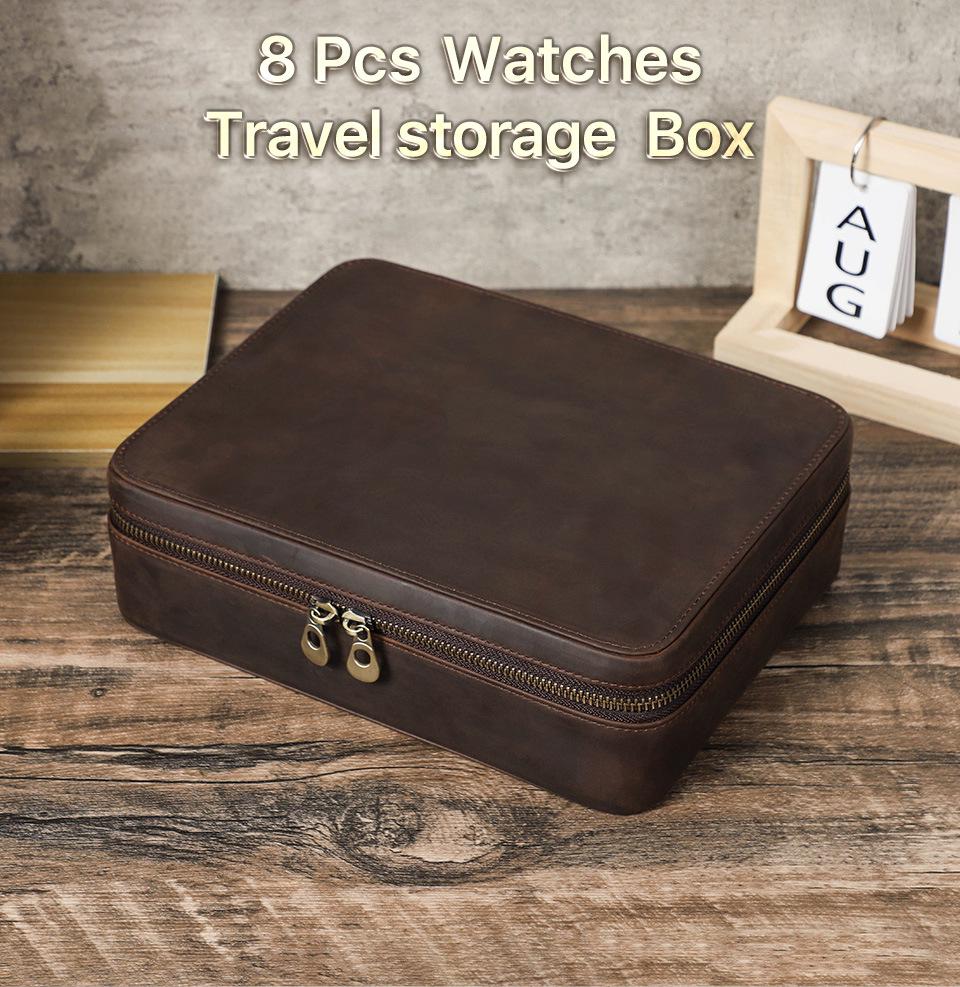 Retro Crazy Horse Rindsleder Tragbare Armbanduhr Aufbewahrungsbox - Achtteiliges Echts Leder Uhrenetui