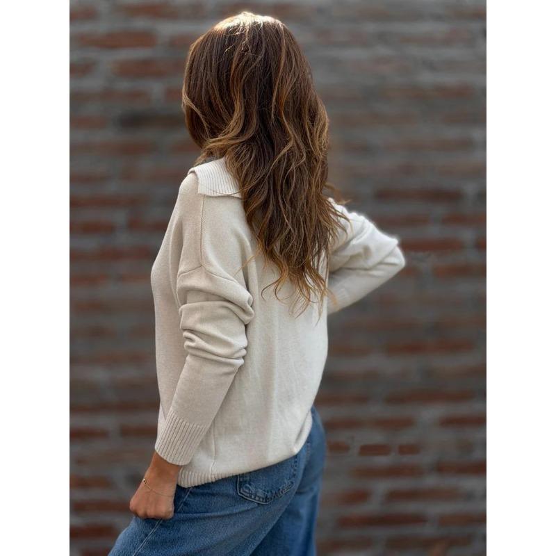Women S Loose Fit Turn Down Collared Long Sleeve Solid Color Sweater
