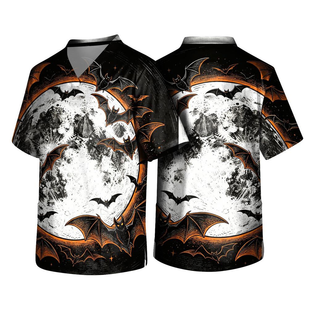 Men's Halloween Print V Neck Pocket Scrub Top Short Sleeve Work Shirt with Themed Pattern for Professionals Uniform