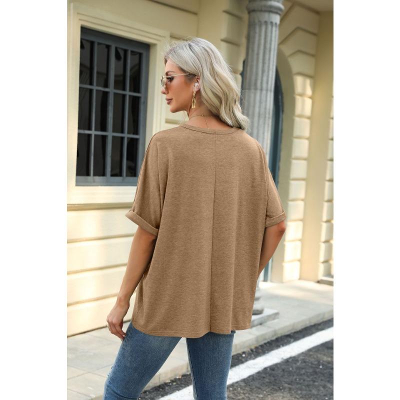 New Summer Women T-shirt Solid Color Round Neck Short Sleeve Loose T-shirt Tops