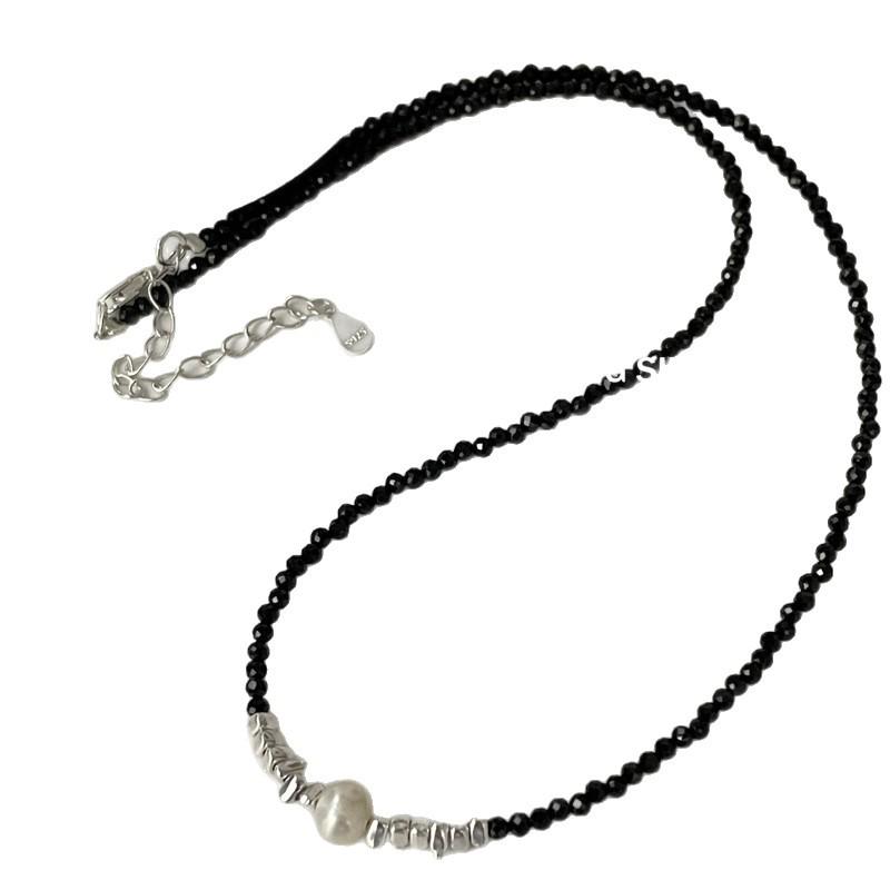 Su Chuang S925 Sterling Silver & Pearl Beaded Necklace with Black Spinel - Women's Light Luxury Clavicle Chain