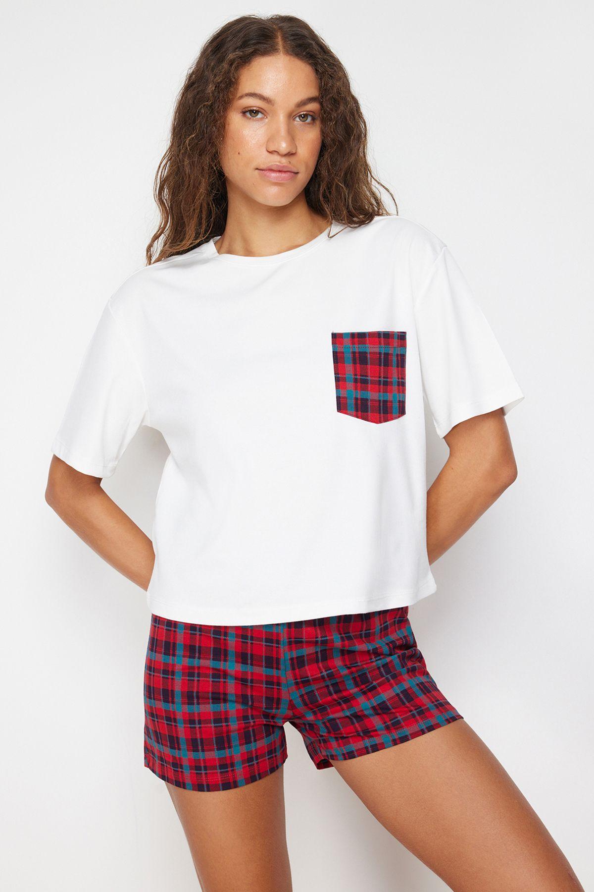 

Women s Fashion White Multicolored 100% Cotton Plaid Knitted Pajama Set L